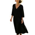 thumbnail image 4 of KHONTS Women's 3/4 Sleeve Summer Maxi Dress Plus Size Casual Linen Flowy Beach V-Neck Dress with Pockets Black S, 4 of 8