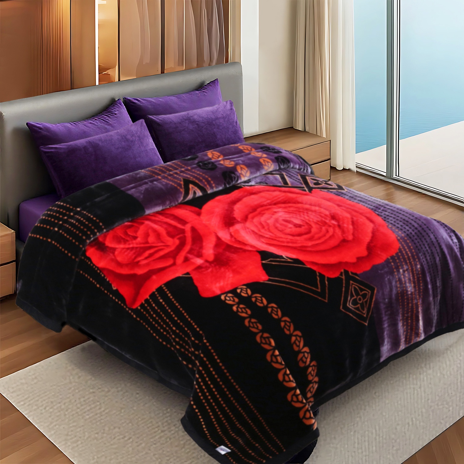 10lbs Heavy Thick A&B Pattern Blanket 2Ply Reversible - Thick Warm Plush Korean Style Bed Blanket, King Size Fleece Plush Blanket, Soft Winter Blanket For Adult 87" x 95", Lilies & Roses