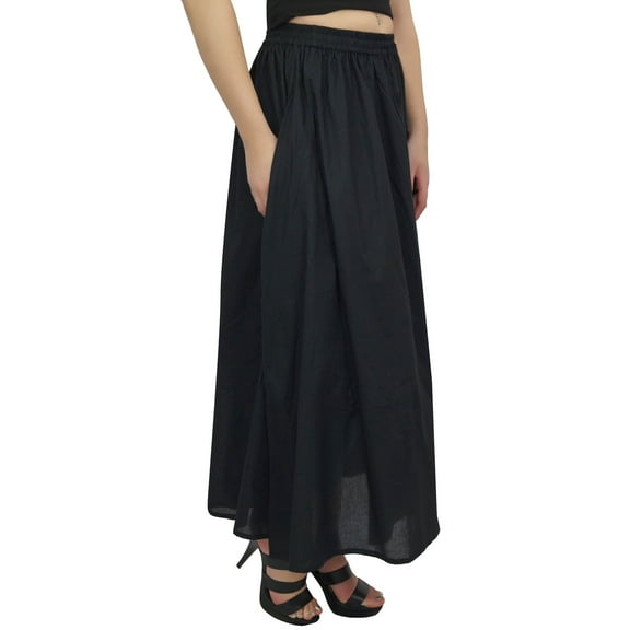 Bimba Women's Elastic Tassels Waist Bohemian Style Cotton Black Long Skirt-L