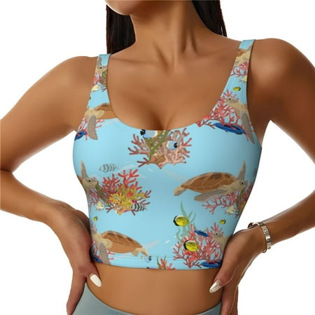 Jgfou Turtles And Corals Print Womens Sports Bra - Padded Workout Sports Bras Crop Tank Top