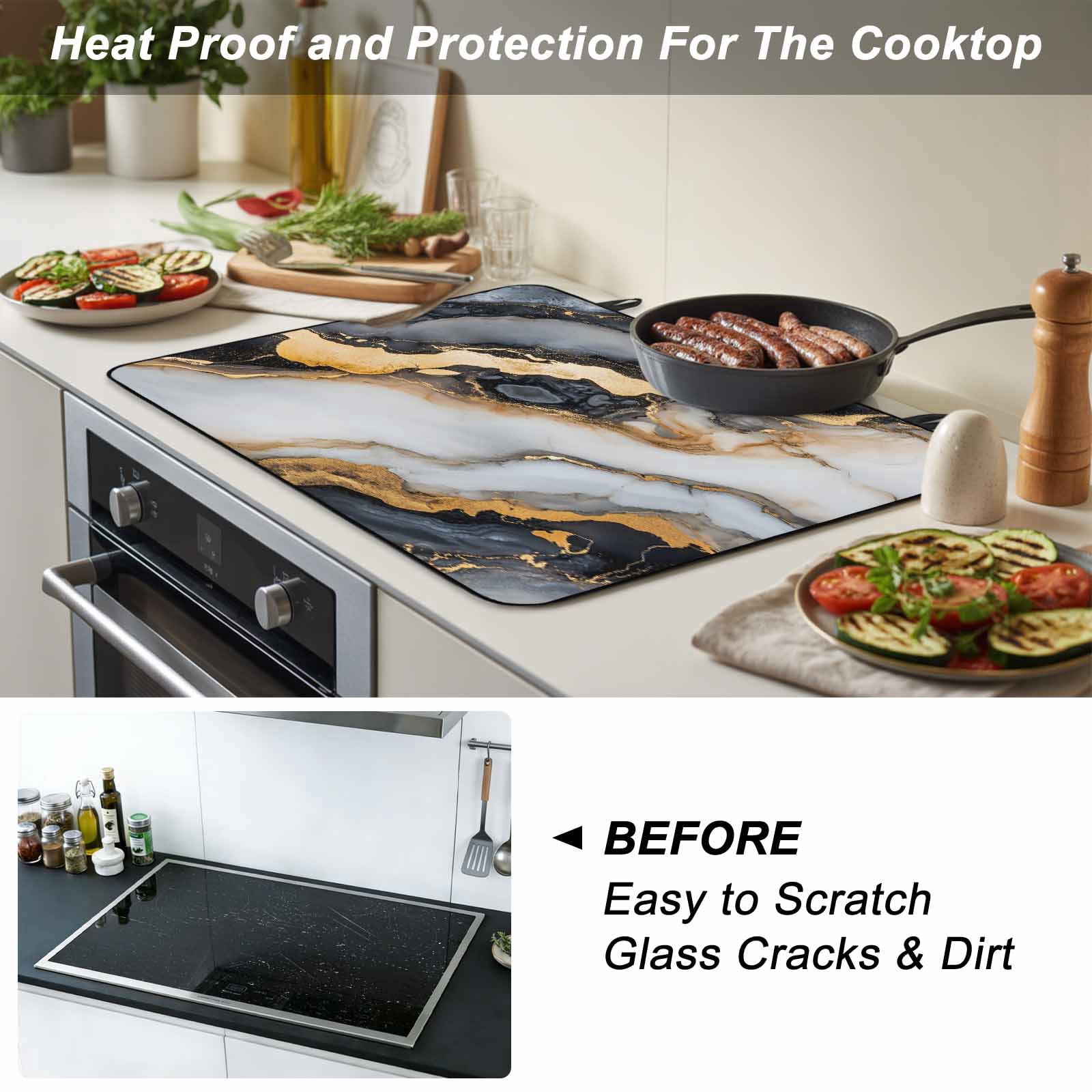Black Golden Marble Stove Top Cover for Electric Stove, Heat-proof & Non Slip Glass Top Stove Cover Protector, Modern Ink Painted Abstract Kitchen Flat Cooktop Rubber Mat 24x21 Inches