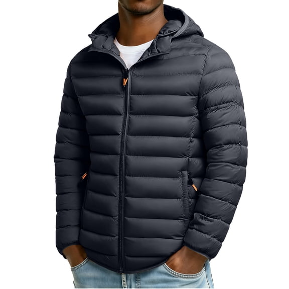 COSFO Men Winter Puffer Jacket Gray Removable Hood Full Zip Up Windbreaker Windproof Long Sleeve Outdoor Mens Coats