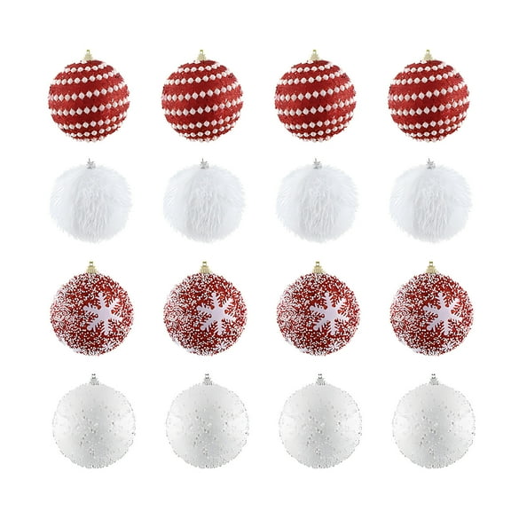 LanSuare 16Pcs Velvet Christmas Balls, 2.36Inch Foam Flocked Christmas Tree Ball Ornaments, Red-White Xmas Hanging Ornaments for Holiday Party Decoration