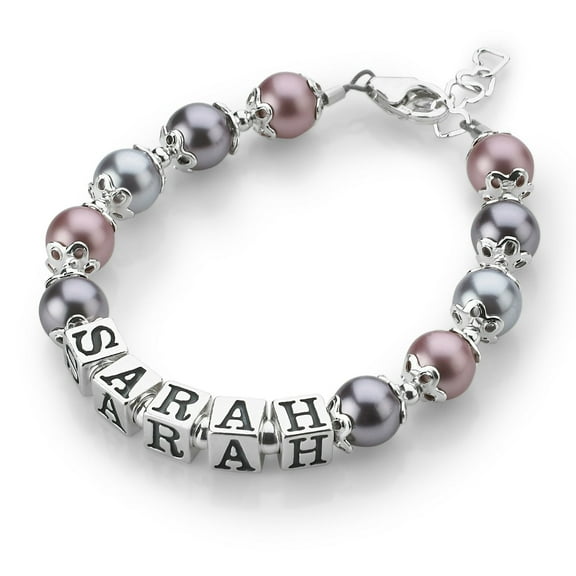 Beautiful Baby Girl Personalized Name Bracelet, Sterling Silver, With Shades Of Lavender Austrian Pearls (BNBC-2)