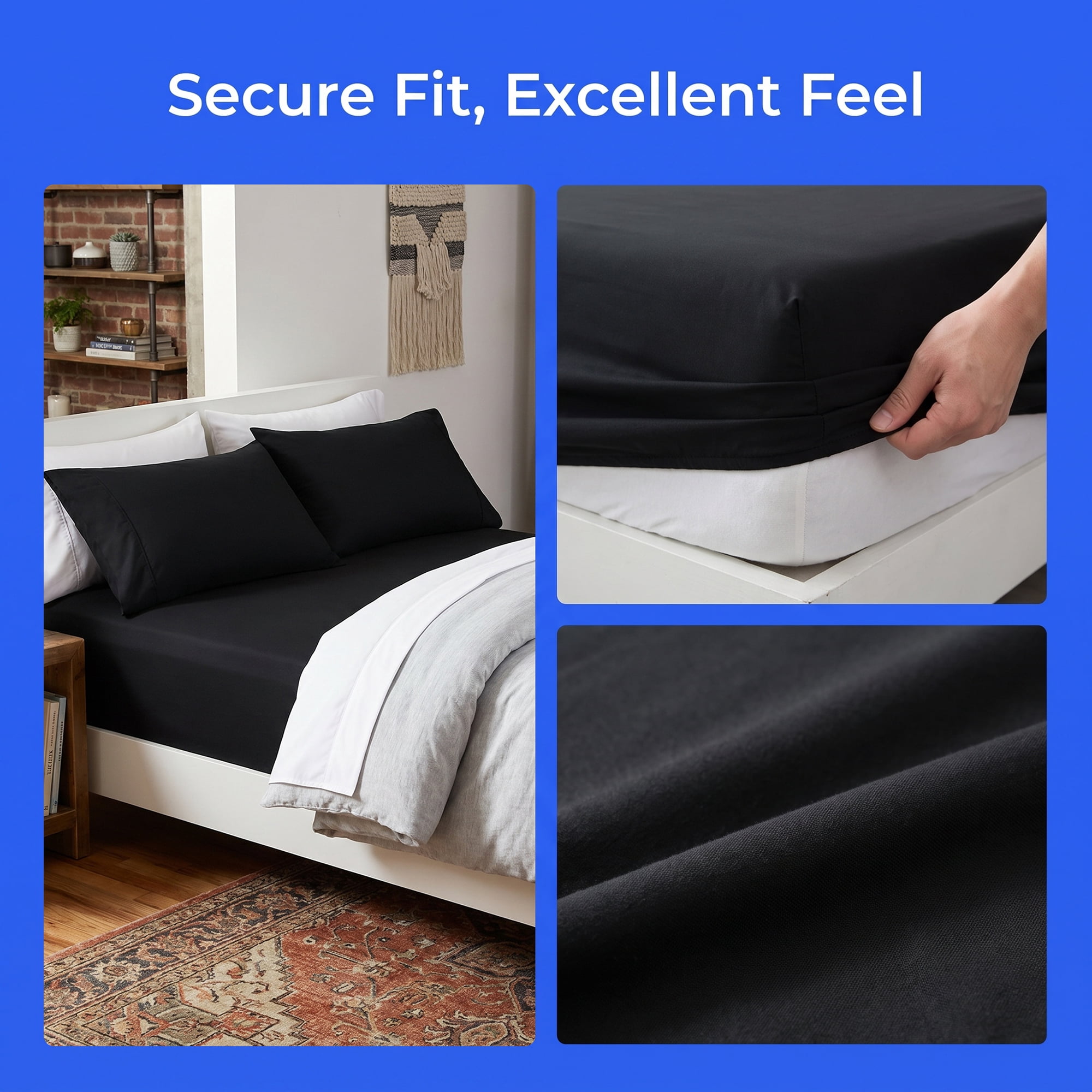 Unique Bargains Fitted Sheet Polyester Bed Sheets Comfortable Bedding Black 76"x79.9"