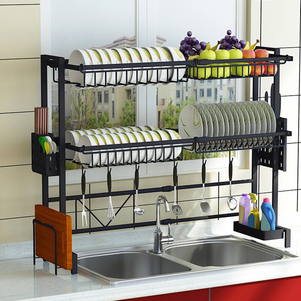 Over Sink Dish Drying Rack Drainer Shelf Stainless Steel Kitchen Cutlery Holder 