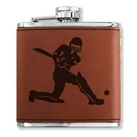 Leather Round Flask - Faux Leather Flask - Cricket Player - Dark Brown