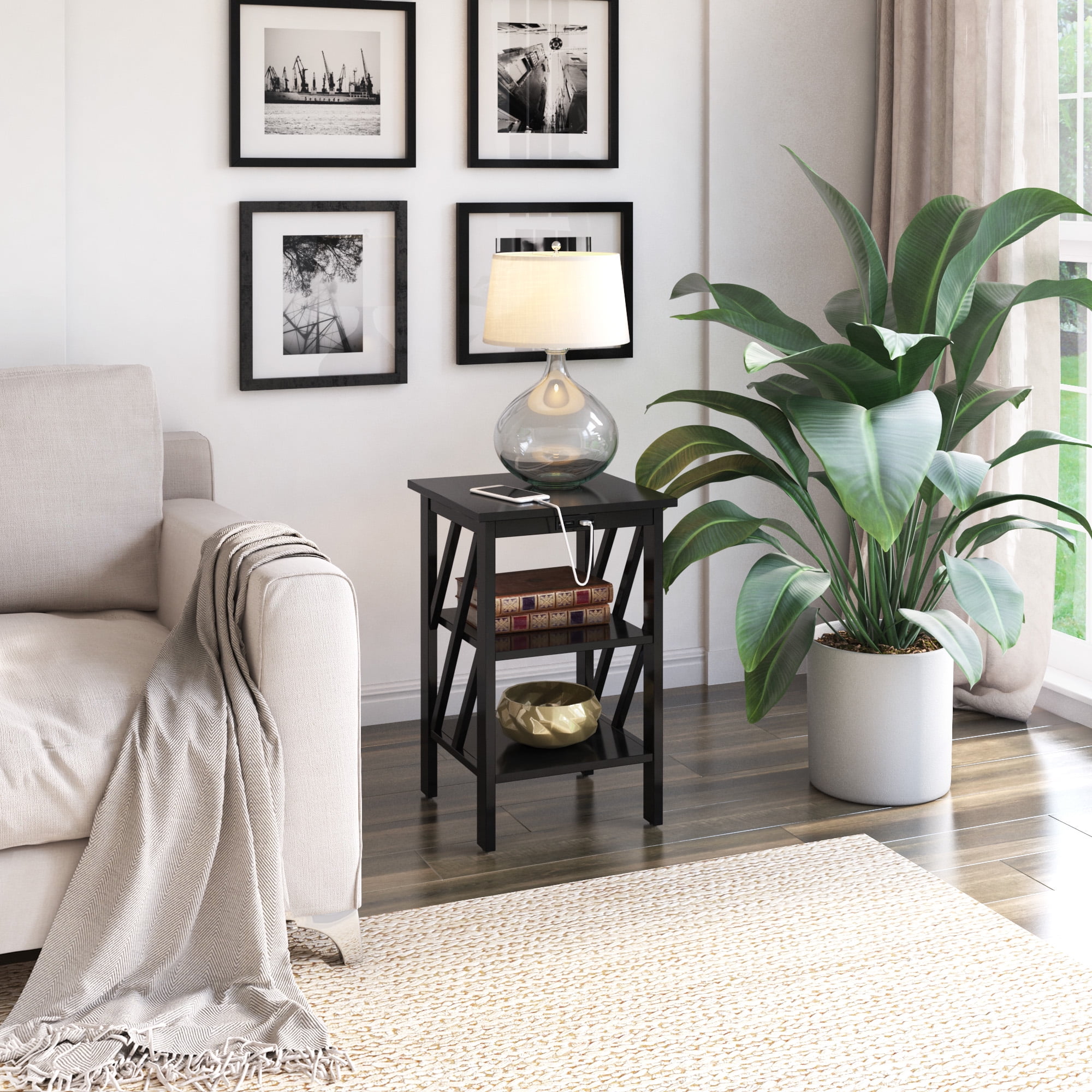 Side Table with USB Charging Ports, Black