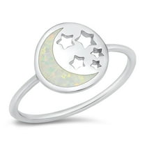 CHOOSE YOUR COLOR Stars Moon White Simulated Opal Ring .925 Sterling Silver Band CZ Female Size 9