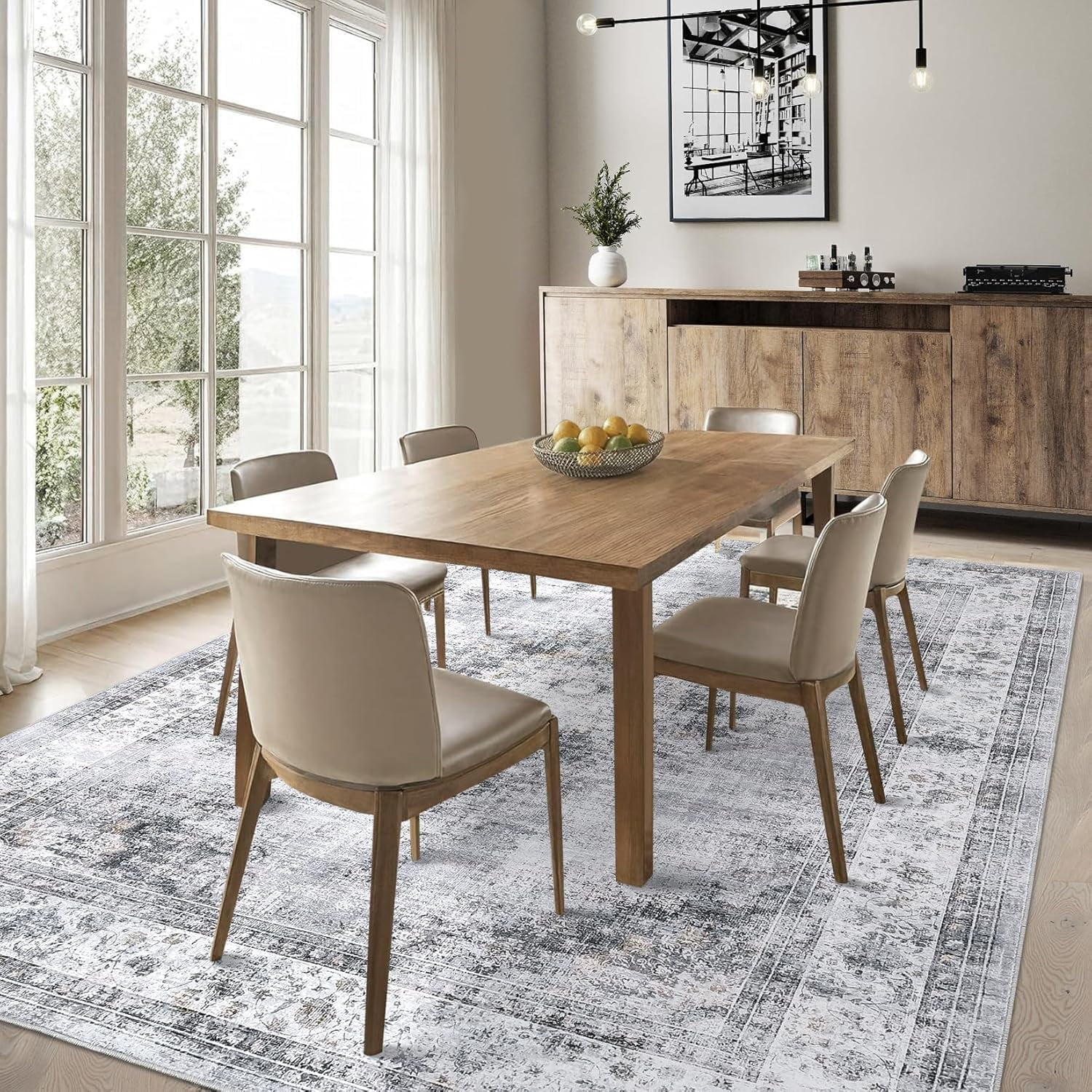 4x6 Bedroom Machine Washable Soft Dining Room Non Slip Vintage Indoor Throw Floor Carpet Medallion Distressed Area Rug for Under Table Home Office, Grey
