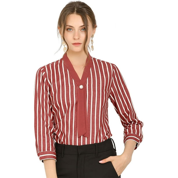 Allegra K Blusa Raya Cuello V Corbata 3 4 Mangas Top De Oficina Trabajo Para Mujeres Rojo S Allegra K Blusa Bodega Aurrera en linea