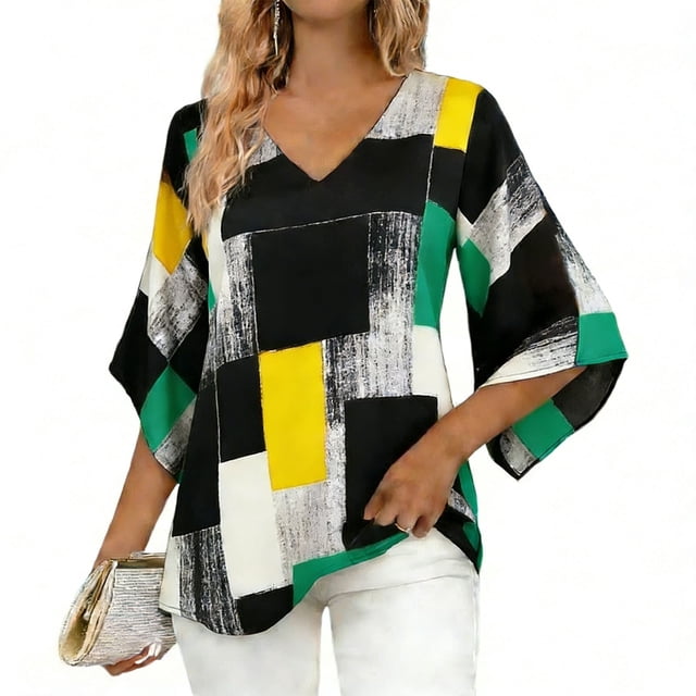 Camisas de Manga 3/4 de Mujer Elegante Blusa Suelta con Cuello en V con Estampado Floral Geométrico para Trajes Informales, de Trabajo O Sociales