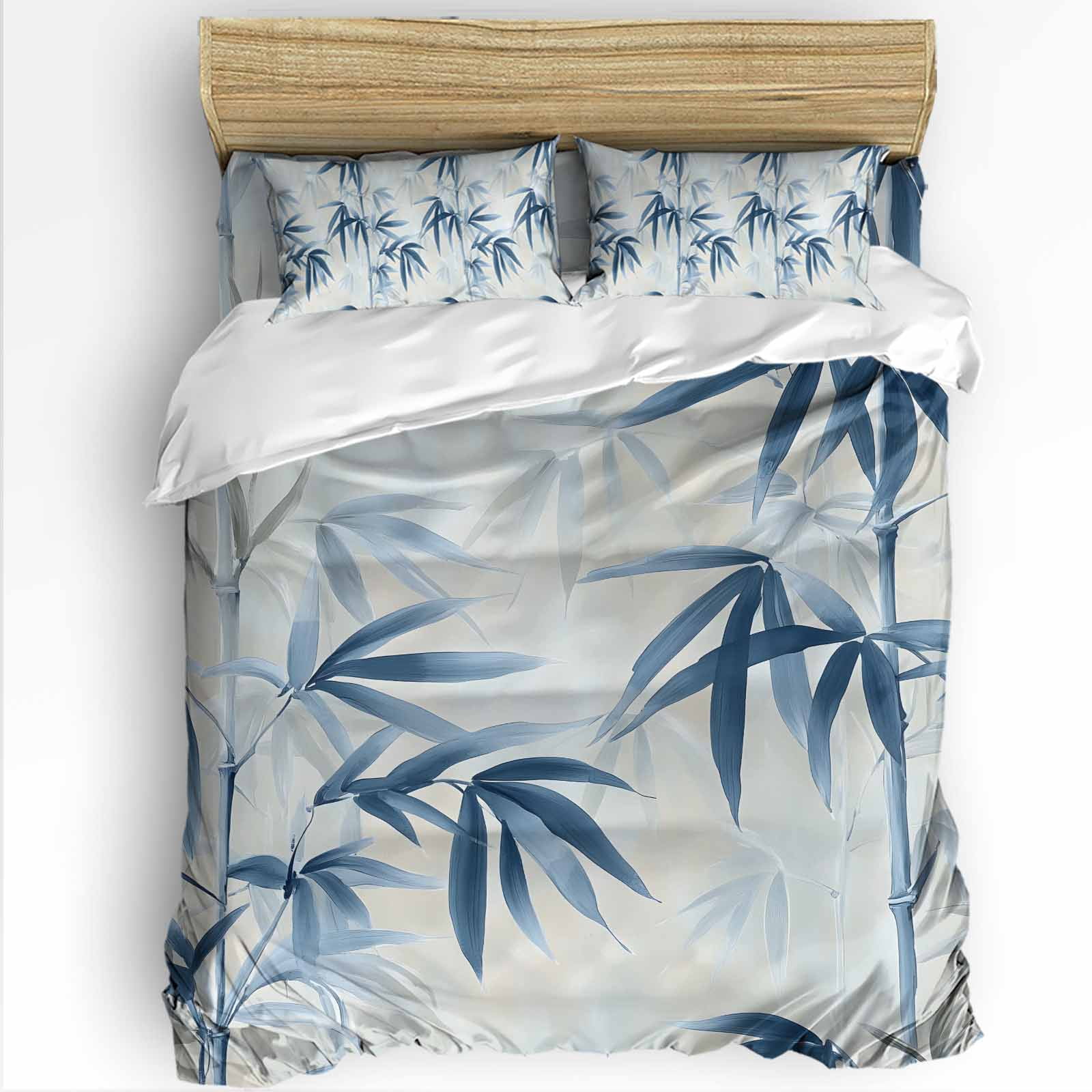 Bamboos Leaf Queen Duvet Cover Set, Blue Green Leaf Watercolor Modernism 4 Piece Microfiber Bedding Set with Zipper Closure, Bed Sheet and 2 Pillow Shams, Soft Bedding Cover