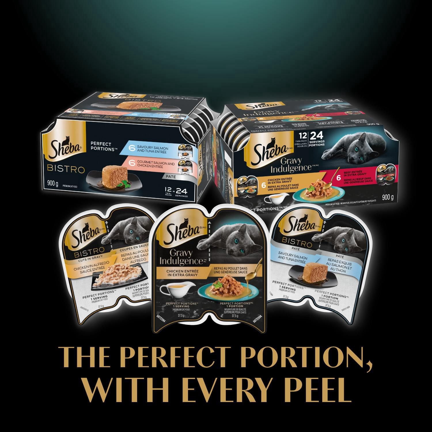 Nourriture humide pour chats adultes SHEBA GRAVY INDULGENCE PERFECT PORTIONS en format variété, repas au poulet et repas au bœuf dans une généreuse sauce
