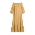 thumbnail image 4 of Gamivast Dresses for Women Linen Off Shoulder Long Sleeve Maxi Dress Smocked Neck Tiered Boho Long Dress Casual Loose Fit Beach Vacation Dress Gold XXL, 4 of 5