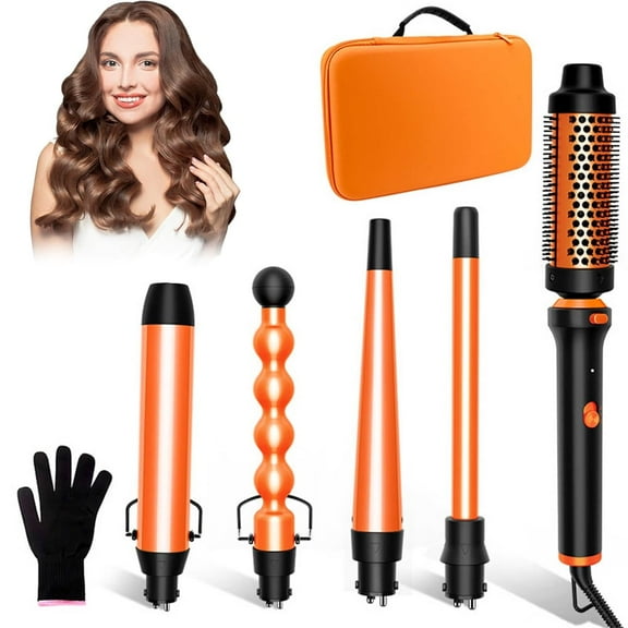 5 in 1 Hair Curler Set, Curling Iron Wand 5Pcs 0.5 to 1.25 Inch with Thermal Brush, Interchangeable Ceramic Barrel with Case Heat Protective Glove, Dual Voltage Hair Curler Gift for Women (Orange)