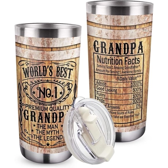 Gifts for Grandpa - World''s Best Grandpa Tumbler with Lid and Straw, Funny Birthday Gifts, Nutrition Facts Wood Grain Stainless Steel Travel Coffee Cup, 20oz Double Wall Vacuum Insulated Mug