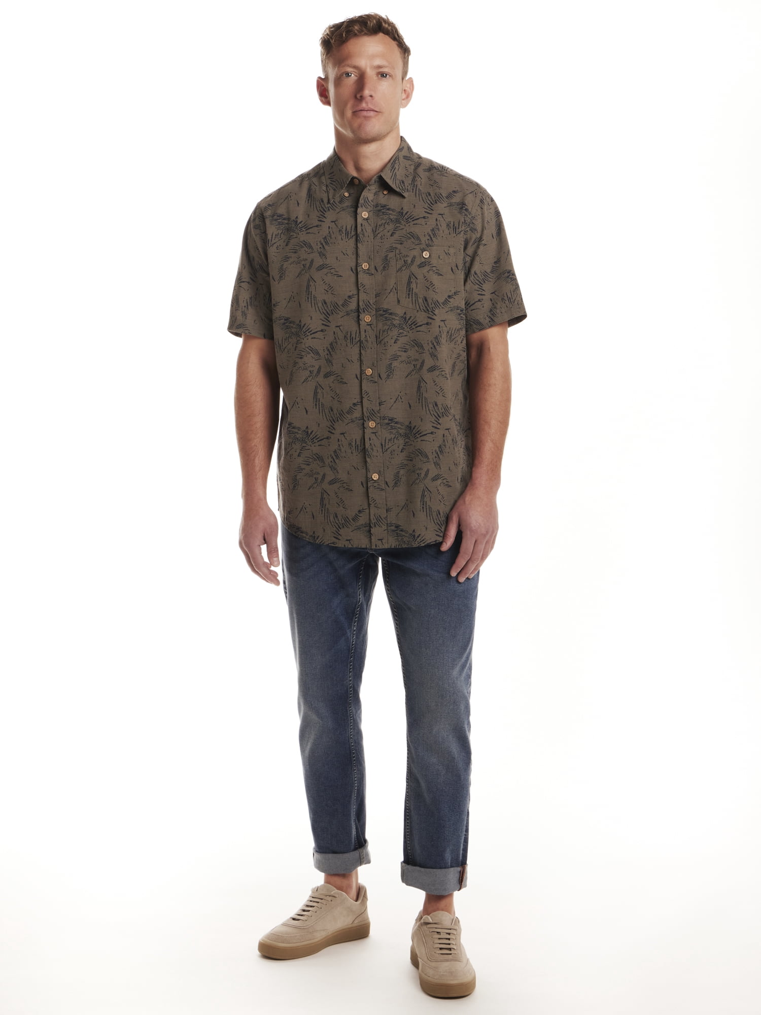 Frontier Threads Men's Short Sleeve Textured Leaf Print Button Up Shirt