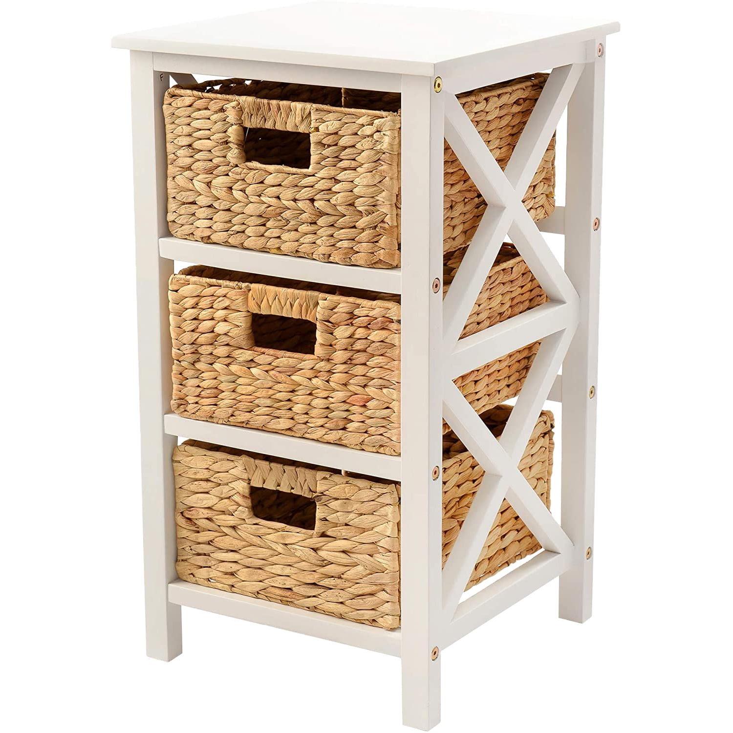 eHemco 3 Tier Xside End Table Side Table Storage with 3 Wicker Baskets, White