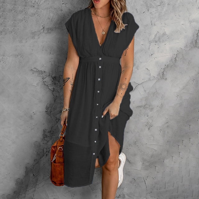 Gspmoly Robes Décontractées pour Femmes, Robe Décontractée de Mode pour Femmes à Boutons en V, Manches Courtes, Taille Double, Couleur Unie, Robes de Vacances pour Femmes Articles en Liquidation
