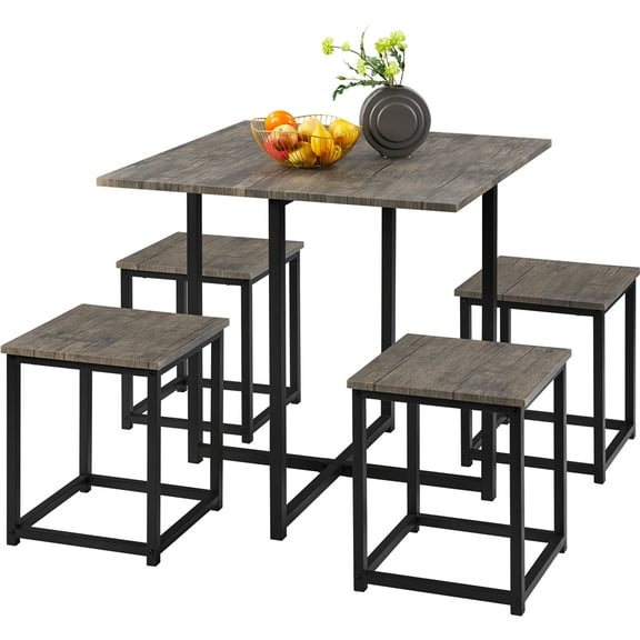 Renwick 5Pcs Dining Set with Industrial Square Table and 4 Backless Chairs, Drift Brown