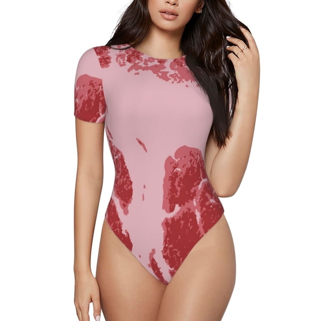 Saiise Grenouillère à Motif de Viande Rayée pour Femmes Manches Courtes Col Rond Pyjama Extensible avec Fermeture à Pression-Moyen