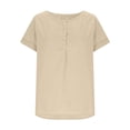 thumbnail image 4 of Women's Cotton Linen Shirts Short Sleeve Deep V Neck Button Down Casual Loose Fit Solid Color Basic Tees Beige, 4 of 8