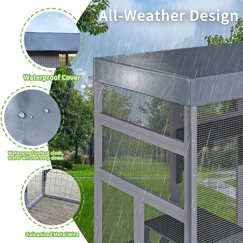 62.6" Wooden Outdoor Catio for Cats, Large Cat Enclosure with Waterproof Roof, 2 Napping House, Platforms & Rust-Proof Wire – Secure Pet Cage for Backyard or Patio