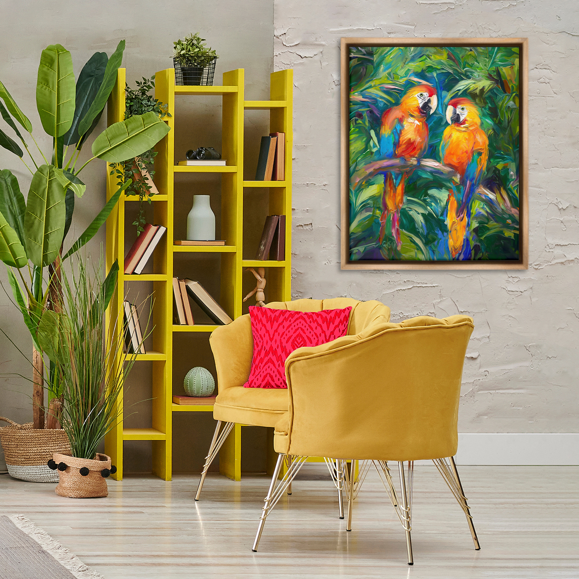 Stupell Industries Rainforest Parrot Branch Animals & Insects Painting Brown Floater Framed Canvas Art Print Wall Art, 25 x 31