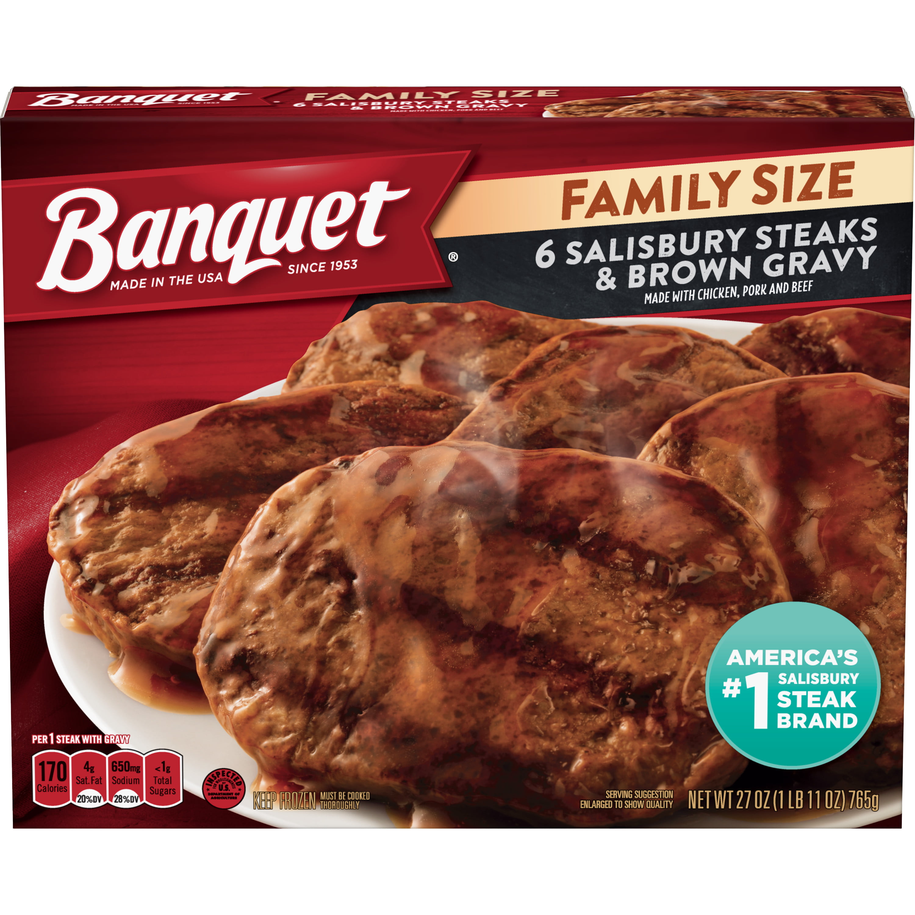 Banquet Family Size Salisbury Steaks and Brown Gravy, Frozen Meal, 27