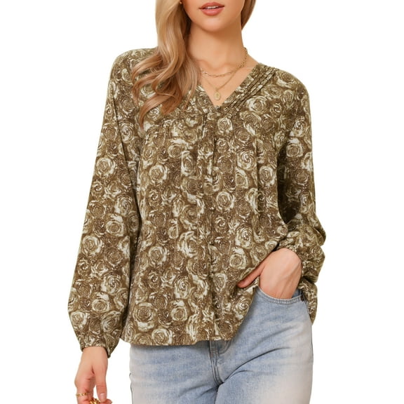 DARING DIVA Women's V Neck Floral Casual Long Sleeve Blouse XS Light Brown