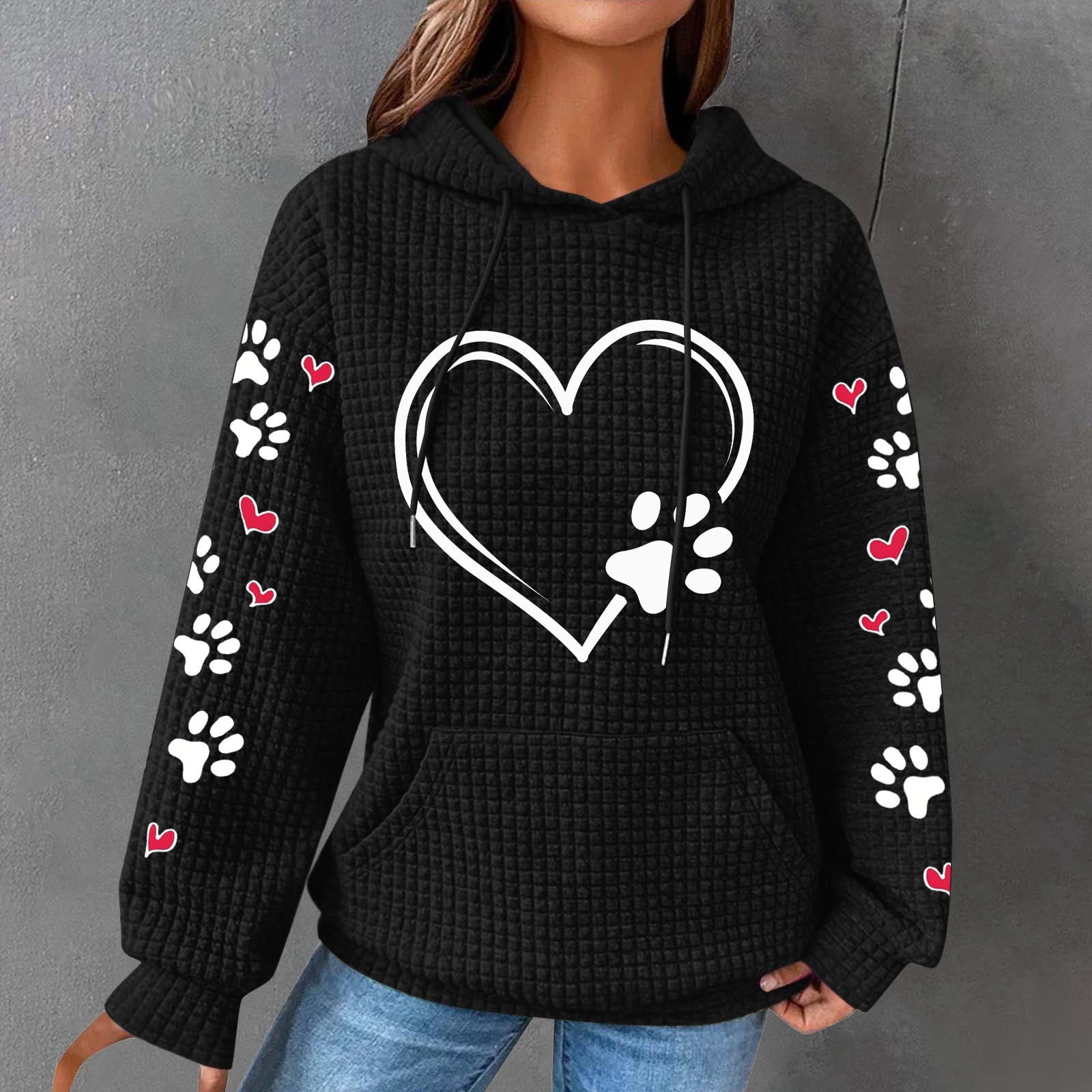 Cute Dog Paw Print Hoodies for Women Casual Oversized Waffle Hooded Sweatshirts Comfy Fall Winter Pullover Tops for Going Out