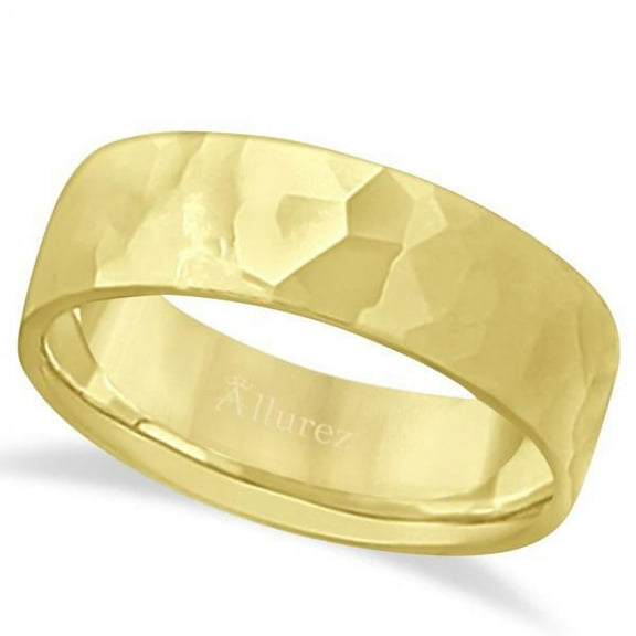 Men's Hammered Finished Carved Band Wedding Ring 14k Yellow Gold (7mm)