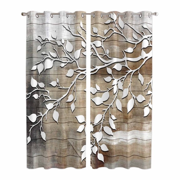 White Branches Kitchen Curtains 84 Inch Length, Brown Beige Wooden Grain Grommet Top Bedroom Living Room Curtains, Light Filtering Cafe Curtain Drapes 2 Panels Set 84''x84''