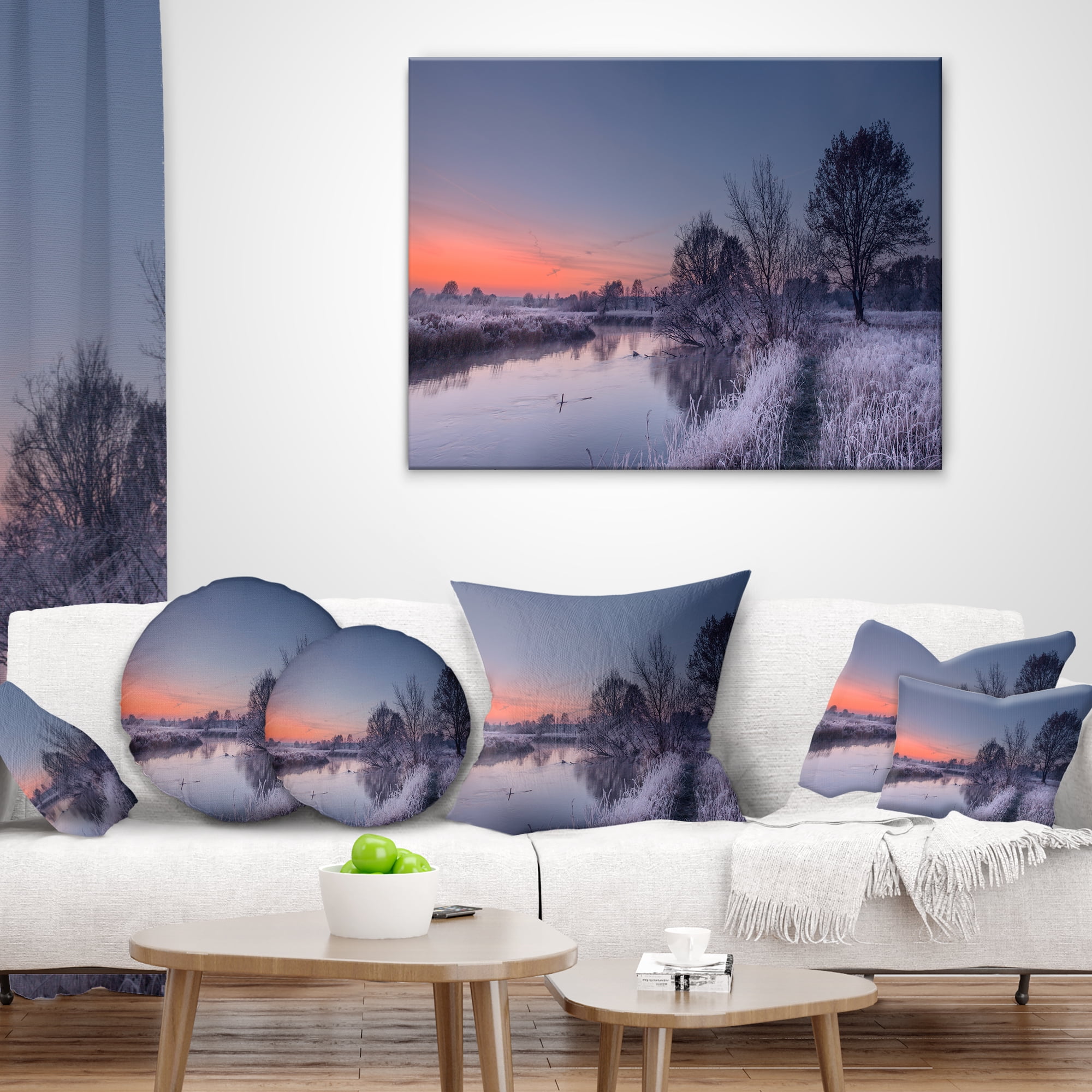 Designart Frosty Fall Morning Panorama - Landscape Printed Throw Pillow - 18x18