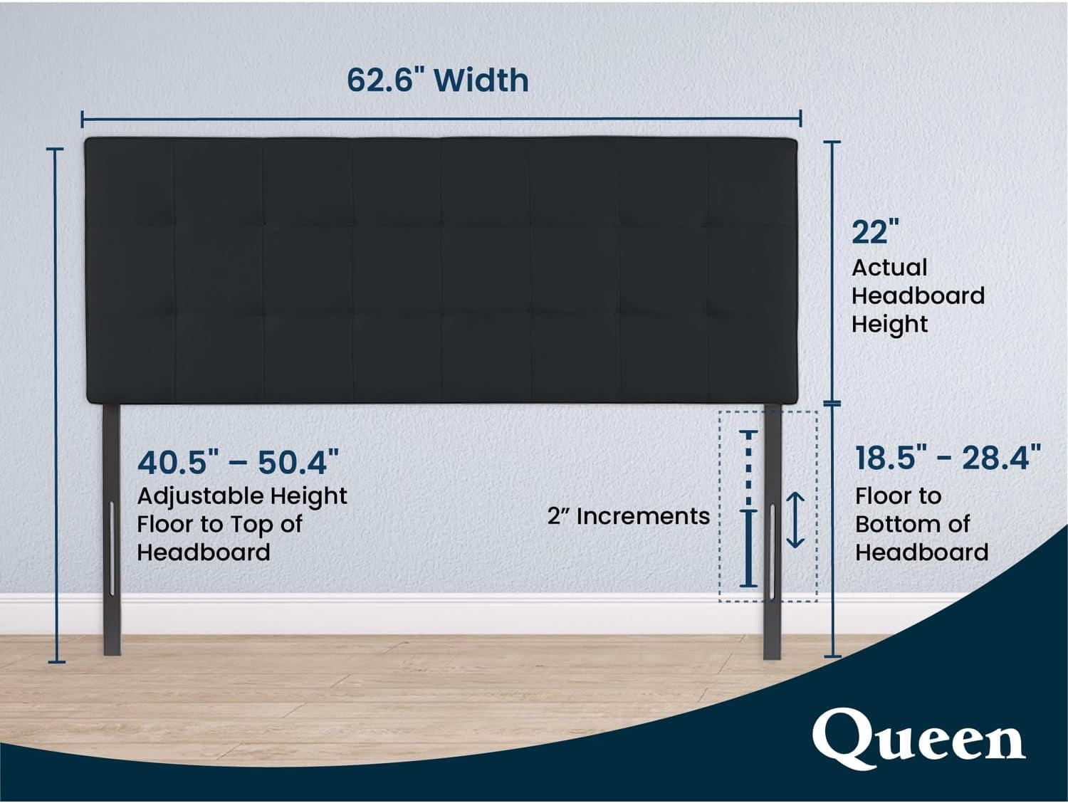 Jessenia Full size headboard only, Height Adjustable Full Size Bed Headboard, Square Tufted Headboard with 12 Positions, Metal Legs, Wall/Bed Mount, Linen Fabric headboard Full in Black