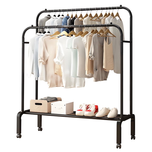 HioHa Rolling Clothes Rack with Wheels & Side Hooks, Double Rail Metal Garment Rack for Closet, Bedroom, Dorm, Laundry Room