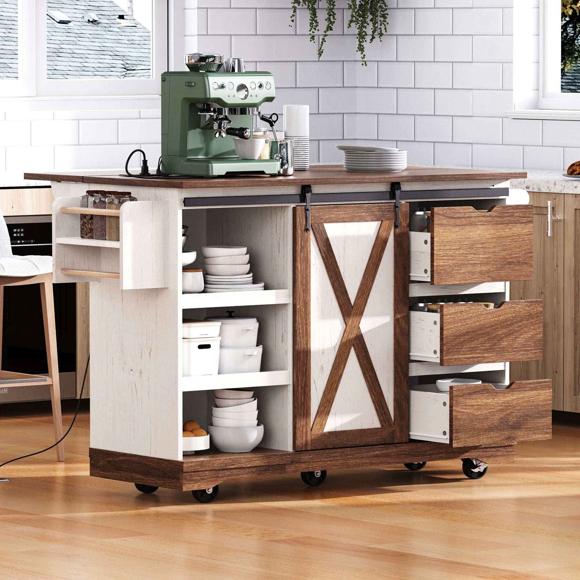 AENKYO 47.2'' Farmhouse Kitchen Island with Charging Station, Drop Leaf, Rolling Cart with Drawers, Rustic Brown and White