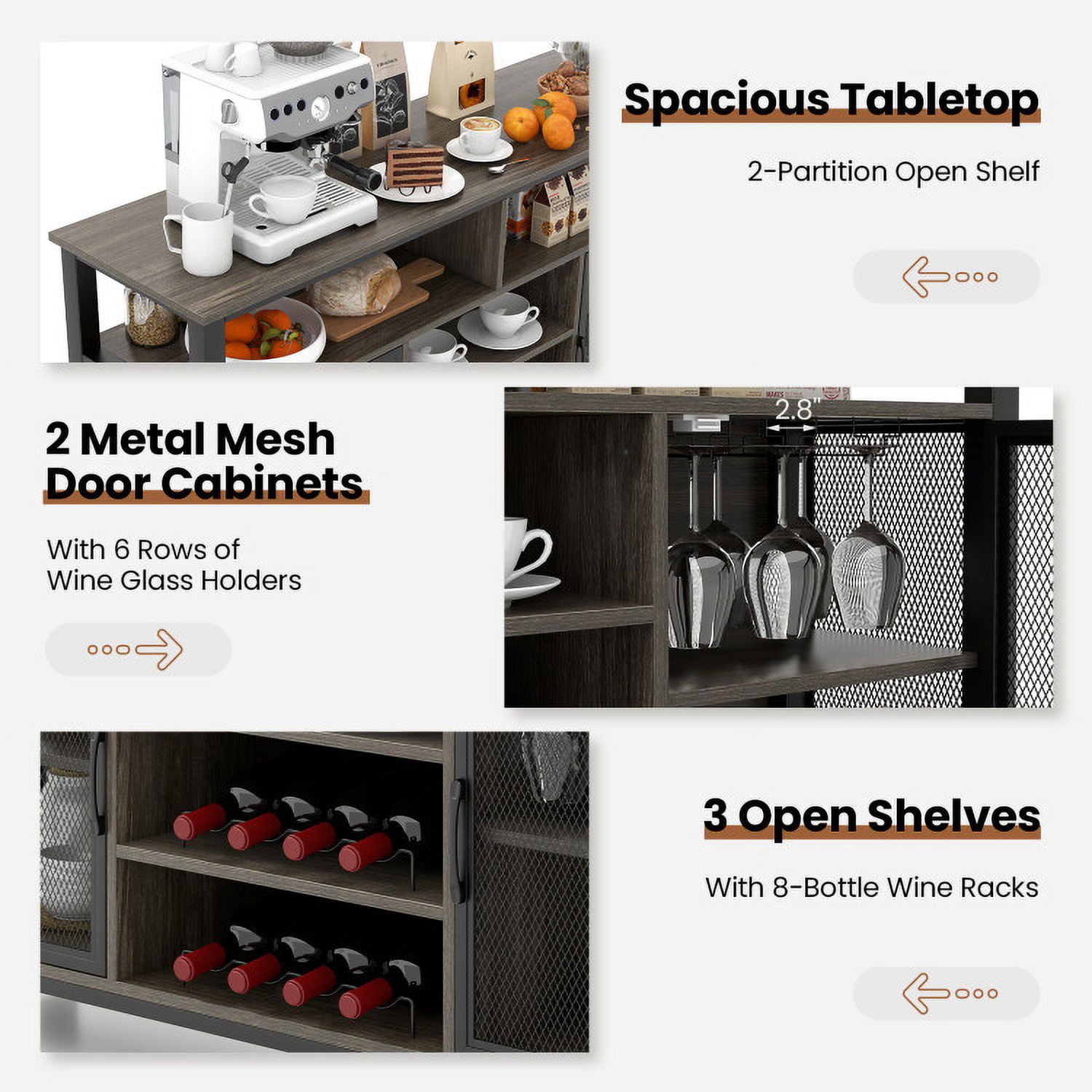 Finihen Kitchen Storage Cabinet, Buffet Sideboard, 55-Inch Buffet Sideboard with 8-Bottle Wine Racks and Wine Glass Holders, for Dining Room, Kitchen, Living Room, Gray Finihen Kitchen Storage Cabinet, Buffet Sideboard, 55-Inch Buffet Sideboard with 8-Bottle Wine Racks and Wine Glass Holders, for Dining Room, Kitchen, Living Room, Gray