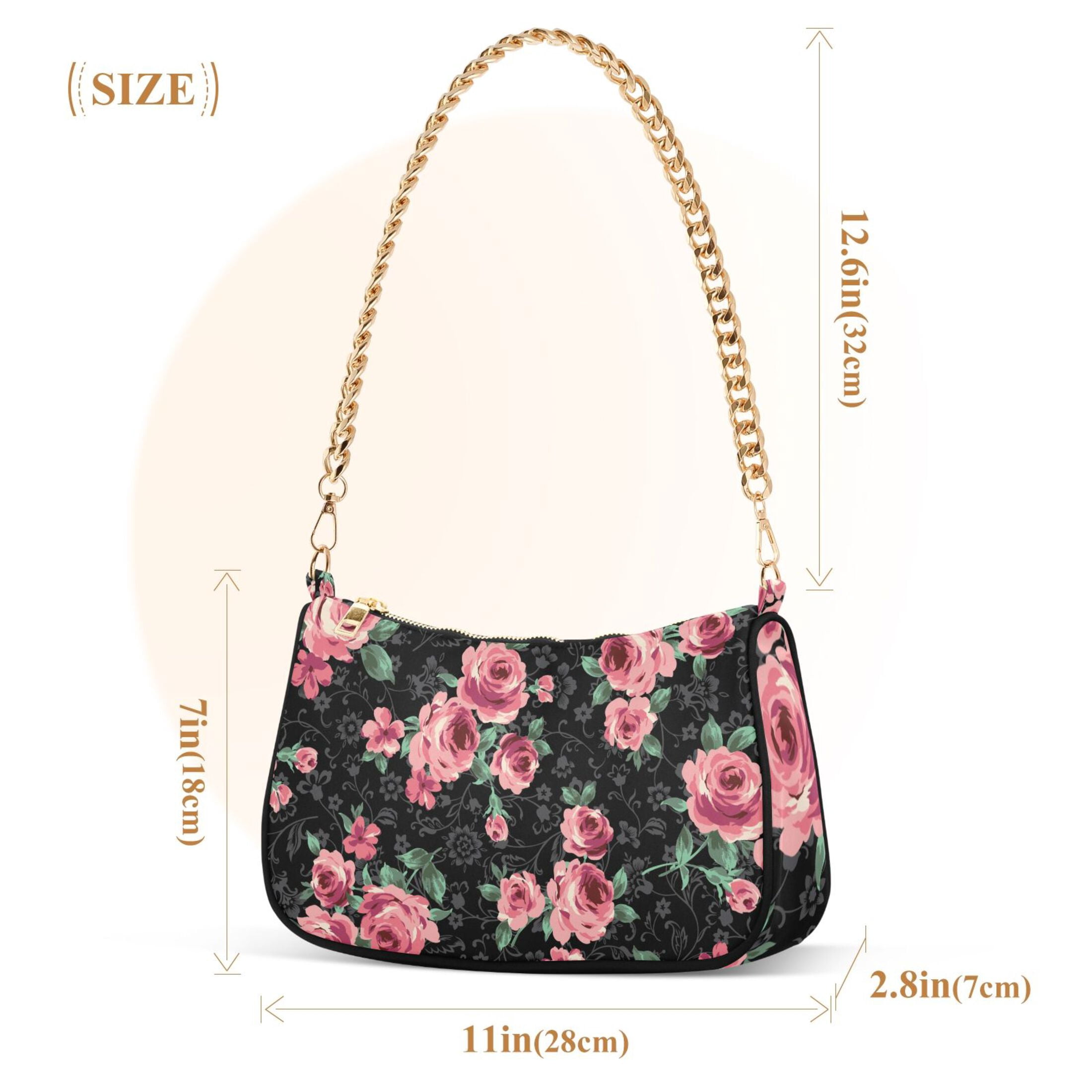 Pink Rose Flower Pattern Womens Chain Shoulder Bag Tote Handbag Clutch Hobo Purse with Zipper for Travel Casual