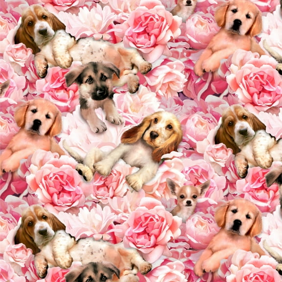 Puppies Dogs Pink Flowers Pattern Premium Roll Gift Wrap Wrapping Paper