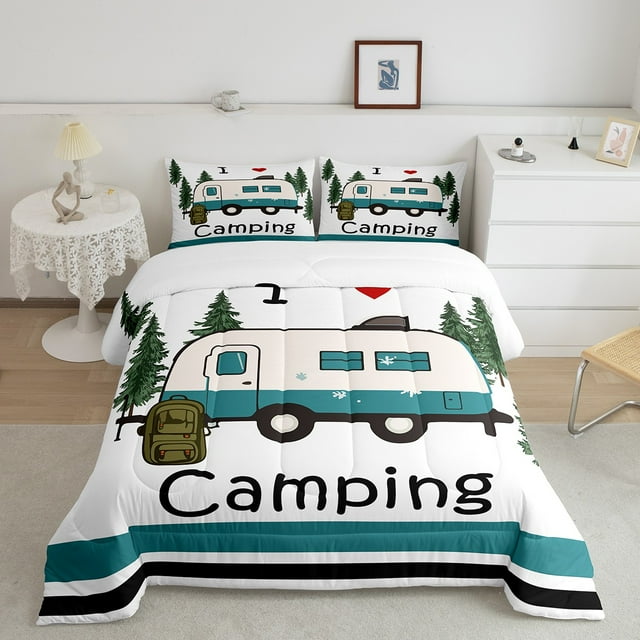 Erosebridal Camper Bedding Full Comforter Set, Cartoon RV Car Down Comforter, Happy Camping Decor, Reversible 3 Pieces