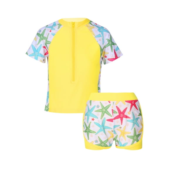 CHICTRY Kids Girls Rash Guard Swimsuit Floral Print Short Sleeve Shirt with Shorts Tankini Set Yellow Asteroidea 4