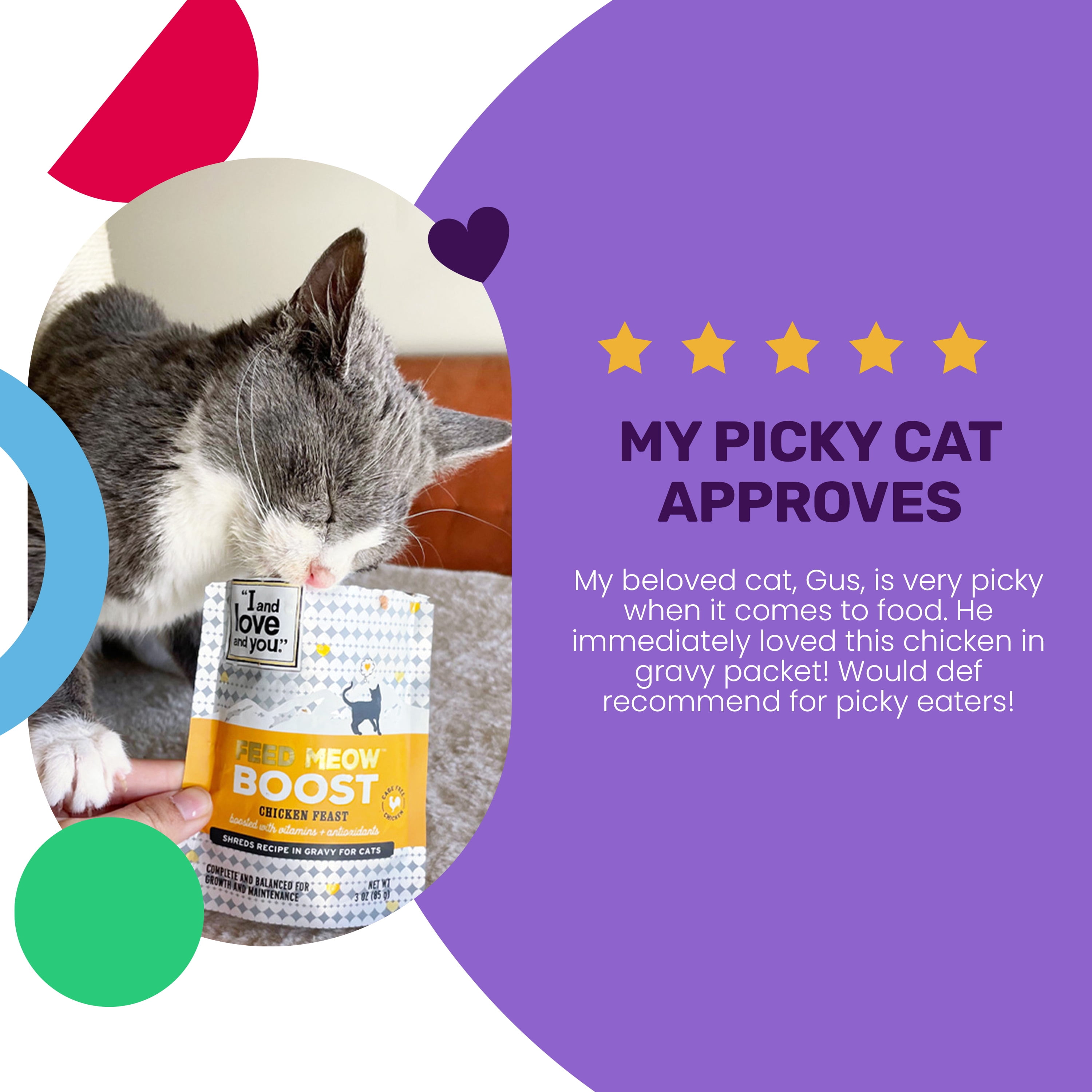 "I and love and you" Feed Meow Wet Cat Food, Boost Formula with Chicken, Complete and Balanced Meal, 3oz Pouch