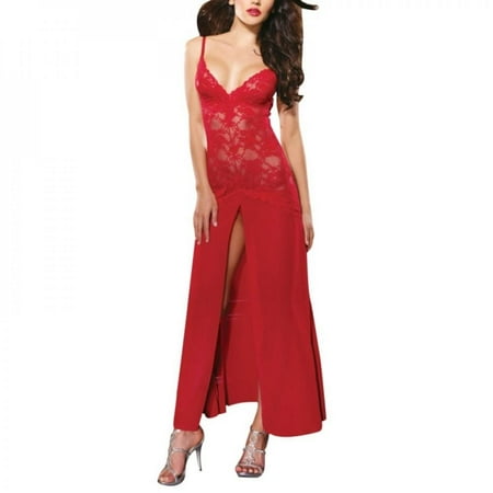 

Sonbest 2PC Women Sexy Lingerie Babydoll Lace Mesh Long Sleepwear G-Ting Set Sleeveless Solid Gift Erotic Underwear Nightdress Red L