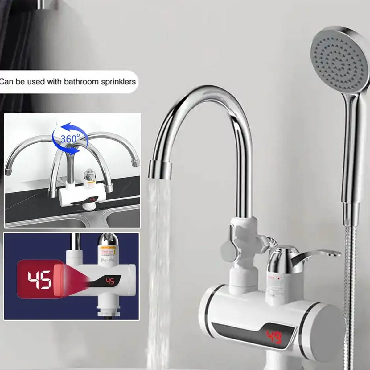 Ifcow Electric Shower Water Heater Instant Hot Water Faucet 360° Rotating Fast Heating Water Tap Tankless Water Heater with LED Display & Hose, Complete Shower Set