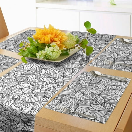 

Leaves Table Runner & Placemats Abstract Foliage Pattern with Scales Lines Design Doodle Style Illustration Set for Dining Table Placemat 4 pcs + Runner 14 x72 Grey Black White by Ambesonne
