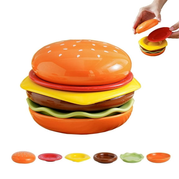 ZDM Hamburger Plate Set,Stackable Burger 6-Layer Mini Plate Dip Plates,Cute Hamburg Style Bowls, Ceramic Bowls & Platess, Novel Tableware Gift