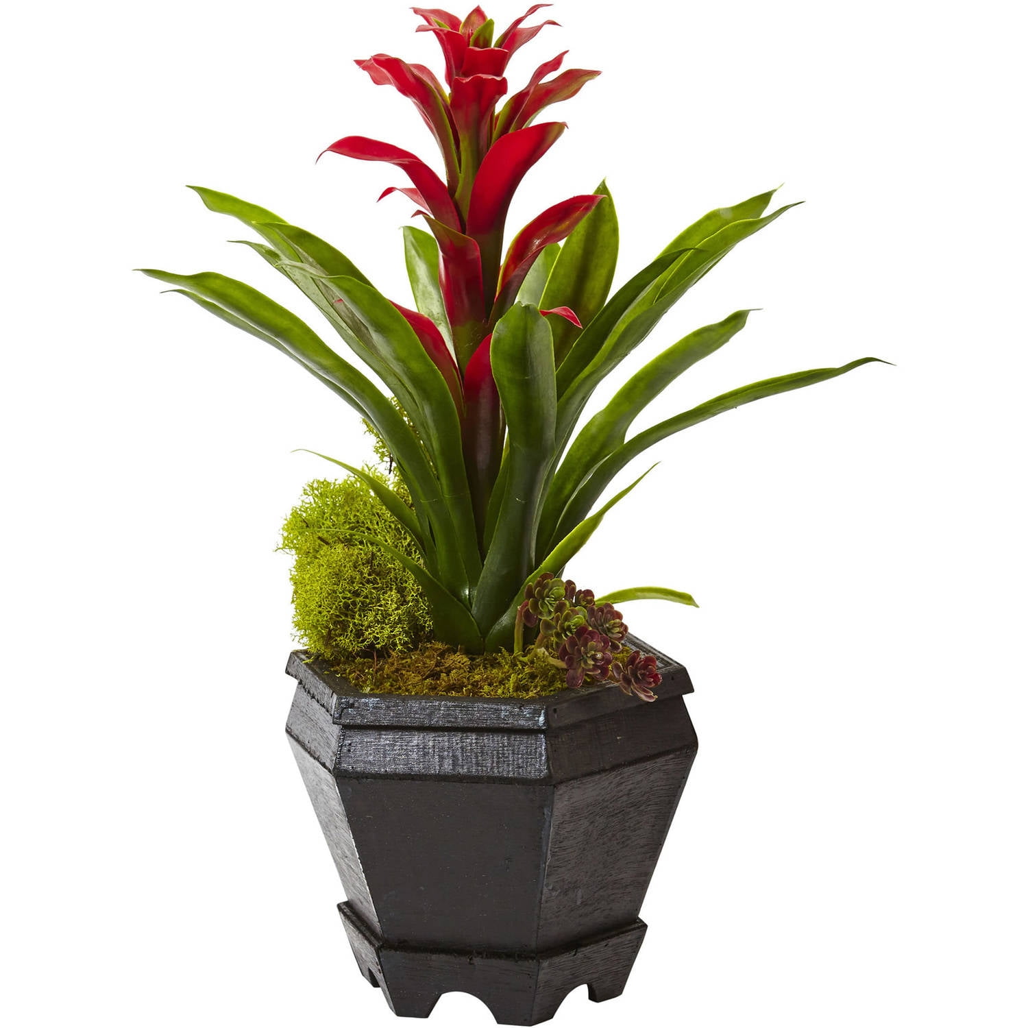 Nearly Natural Mini 11in Bromeliad and Agave Artificial Embossed Tin Planter Silk Plants Red 