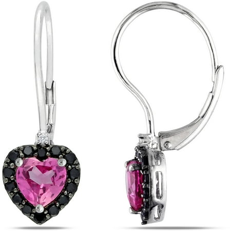 2-2/3 Carat T.G.W. Created Pink Sapphire, Black Spinel and Diamond-Accent Sterling Silver Leverback Heart Earrings